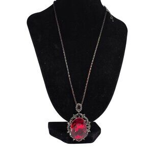 Vintage Red Rhinestone Pendant Necklace Black Tone Chain Statement Gothic Y2K 90